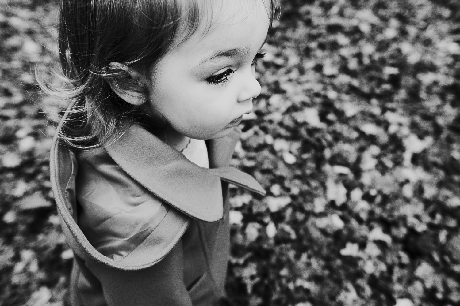 Black and white photo toddler girl in woods