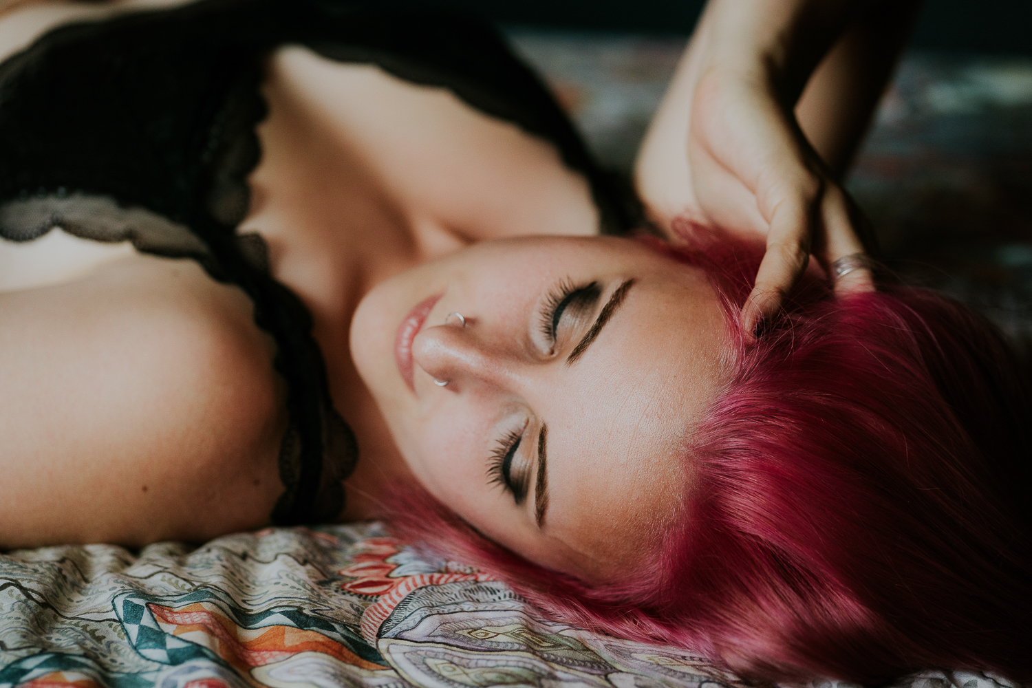 kent boudoir photographer pink hair close up eyelashes woman