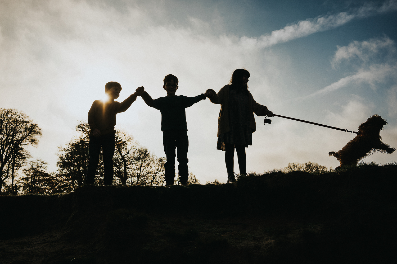 Ashford family photography 2020 silhouette three children and jumping dog