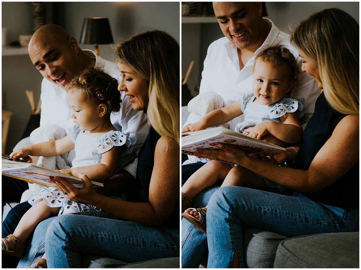 north kensington family photo session parents reading book with daughter toddler on sofa