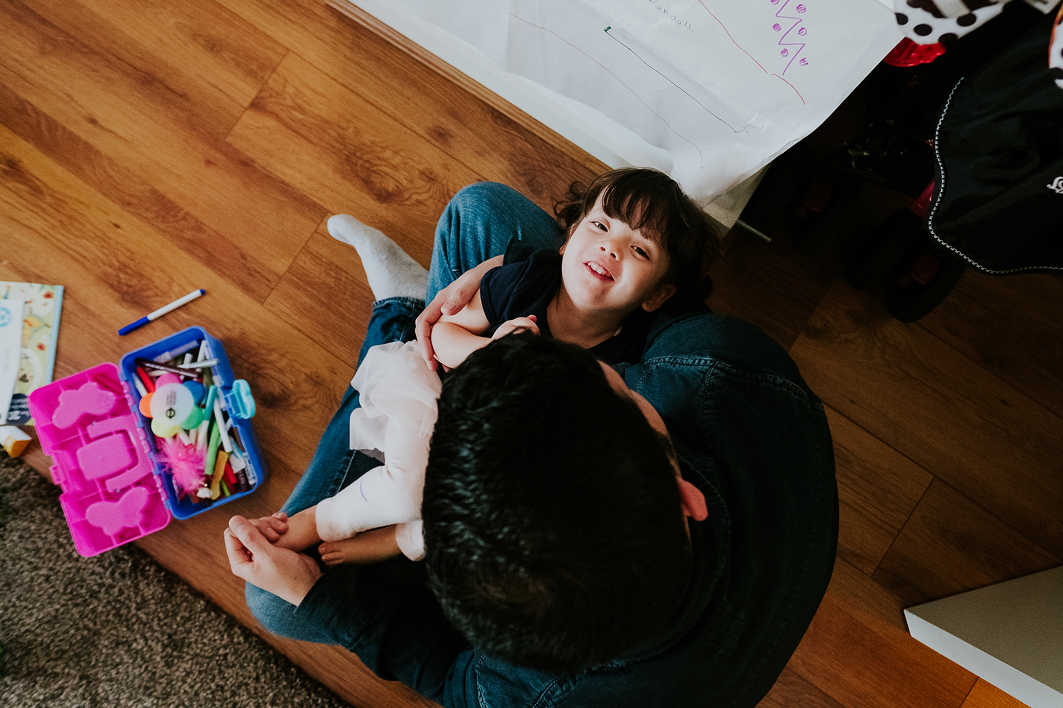 islington family photographer aerial shot of dad holding daughter with funny expression