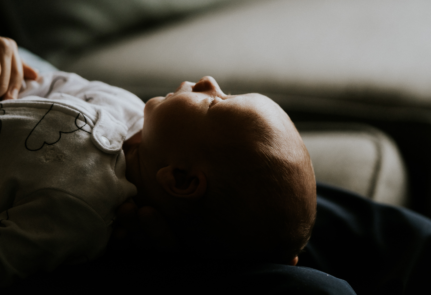 newborn photo session at home in highgate photo of baby boy back lit lying on parents lap asleep